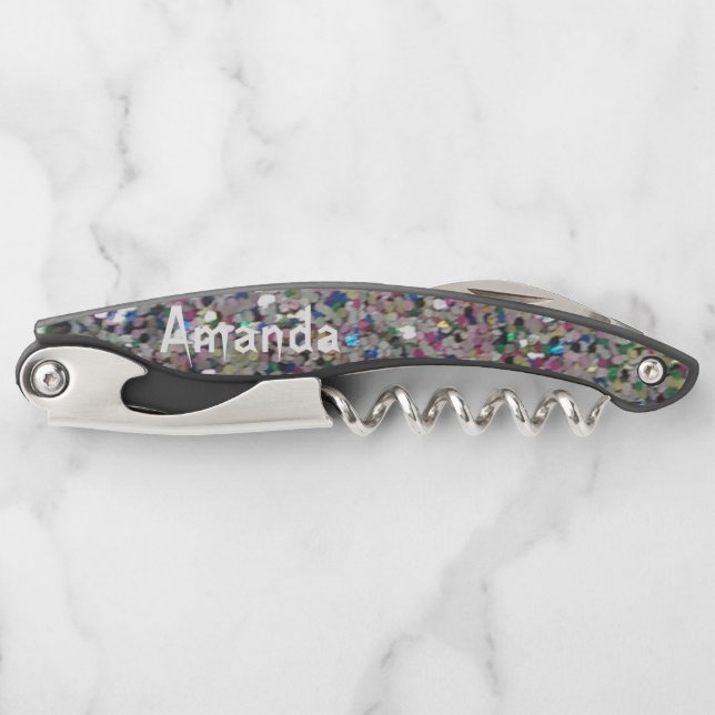 Personalized Glitter Black Waiter's Corkscrew (Front)