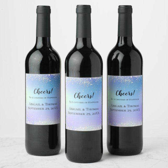 Personalized Glitter Blue Purple Wedding Wine Label (Bottles)