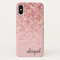 Girly Pink Glitter Blush Monogram Name Phone Case, Custom Name