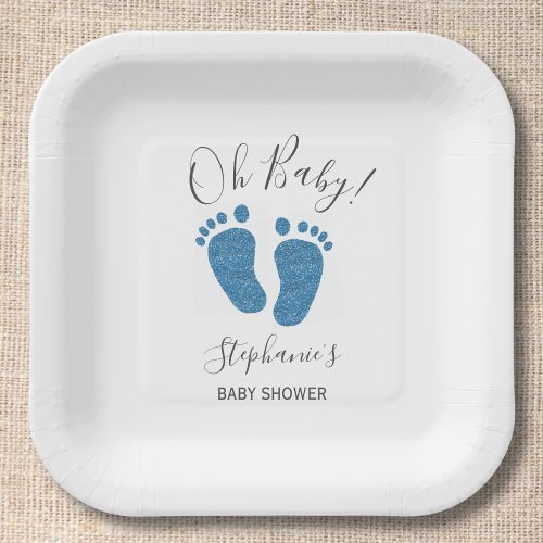 Personalized Glitter Feet Blue Baby Shower Square Paper Plates