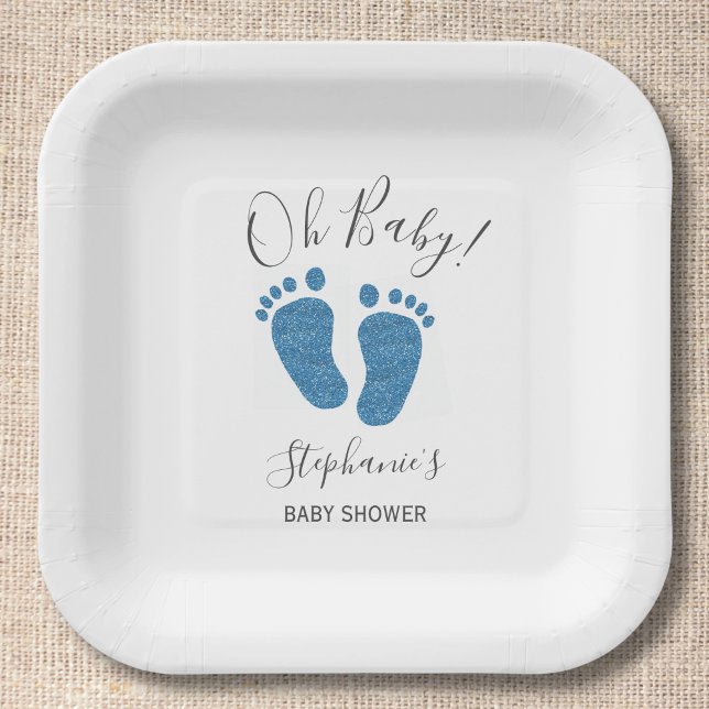Personalized Glitter Feet Blue Baby Shower Square Paper Plates (Creator Uploaded)