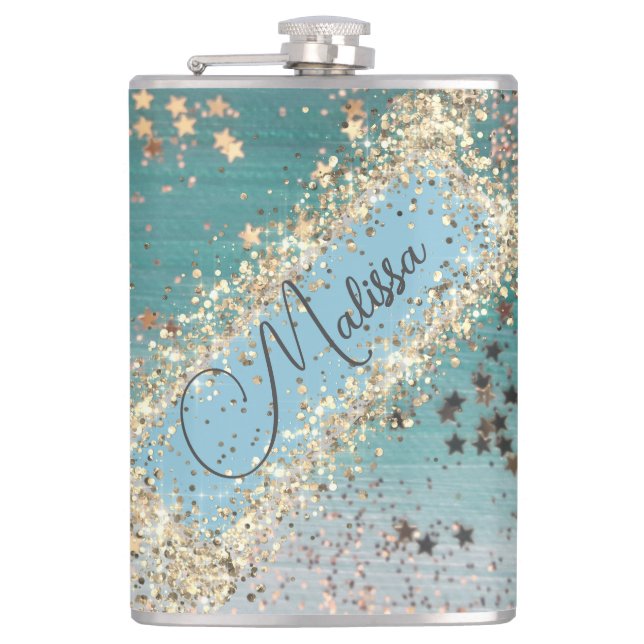 Personalized Glitter Gold Stars on Teal            Flask (Front)