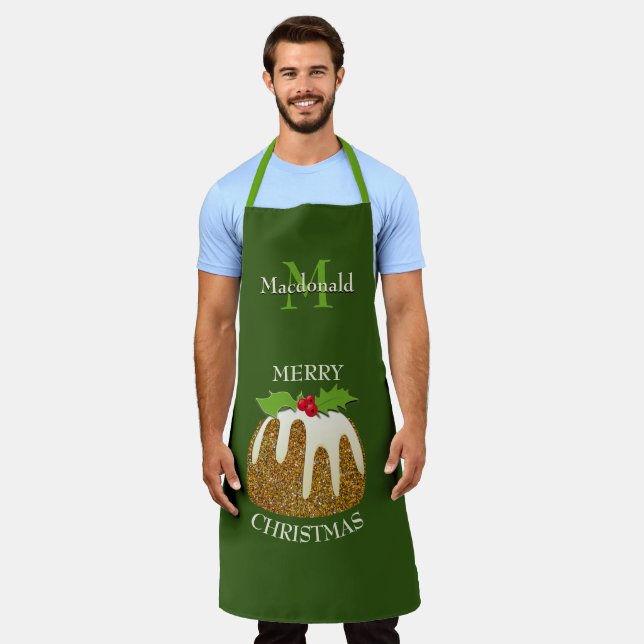 Personalized GLITTER Green Christmas Pudding Apron (Worn)