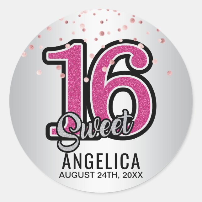 Personalized Glitter Pink Gold Sweet SIXTEEN 16 Classic Round Sticker (Front)