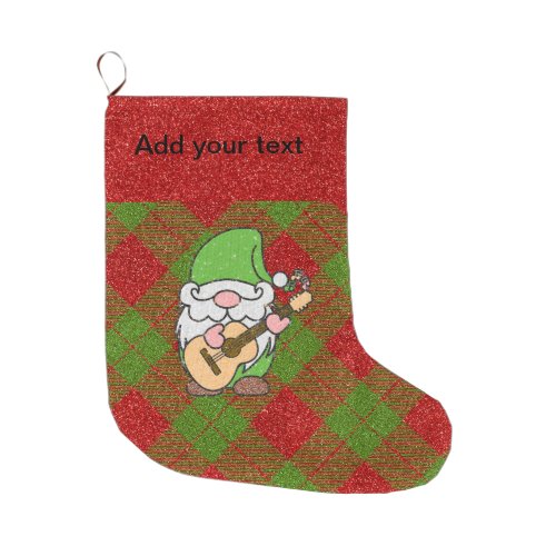 Personalized Glitter Plaid with Gnome Christmas  Large Christmas Stocking