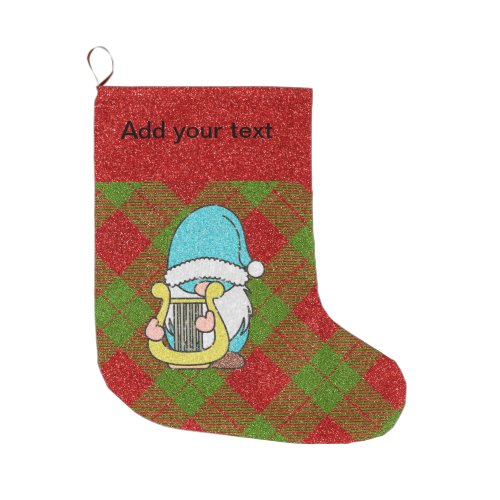 Personalized Glitter Plaid with Gnome Christmas  Large Christmas Stocking