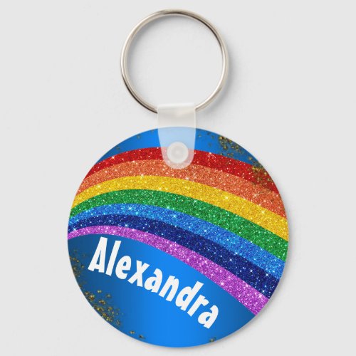 Personalized Glitter Rainbow and Blue Keychain