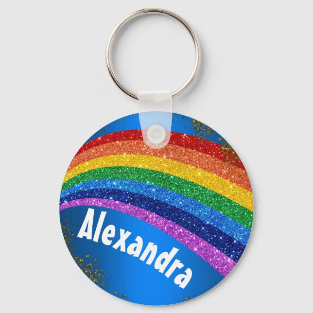 Personalized Glitter Rainbow and Blue Keychain (Front)