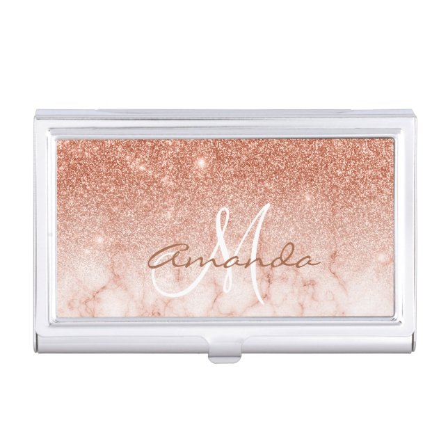 Personalized Glitter Rose Gold Marble Monogram Business Card Case (Front)