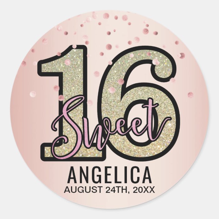 Custom Sweet 16 Party Favor Labels Personalized Black and Rose Gold Sweet 16 Party Round Stickers