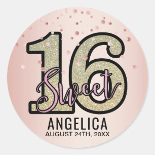 Personalized Glitter Rose Gold Sweet SIXTEEN 16 Classic Round Sticker