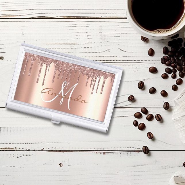 Personalized Glitter Rose Gold Trendy Monogram Business Card Case (Creator Uploaded)