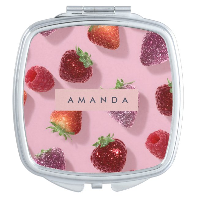 Personalized Glitter Strawberry & Raspberry  Compact Mirror (Front)