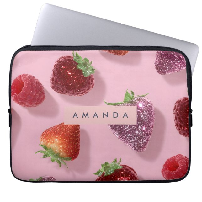 Personalized Glitter Strawberry & Raspberry  Laptop Sleeve (Front)