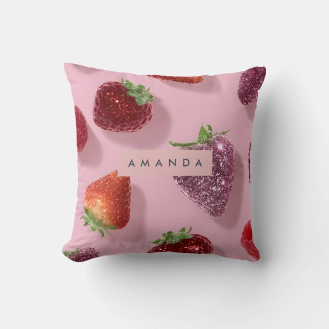 Personalized Glitter Strawberry & Raspberry  Throw Pillow (Front)
