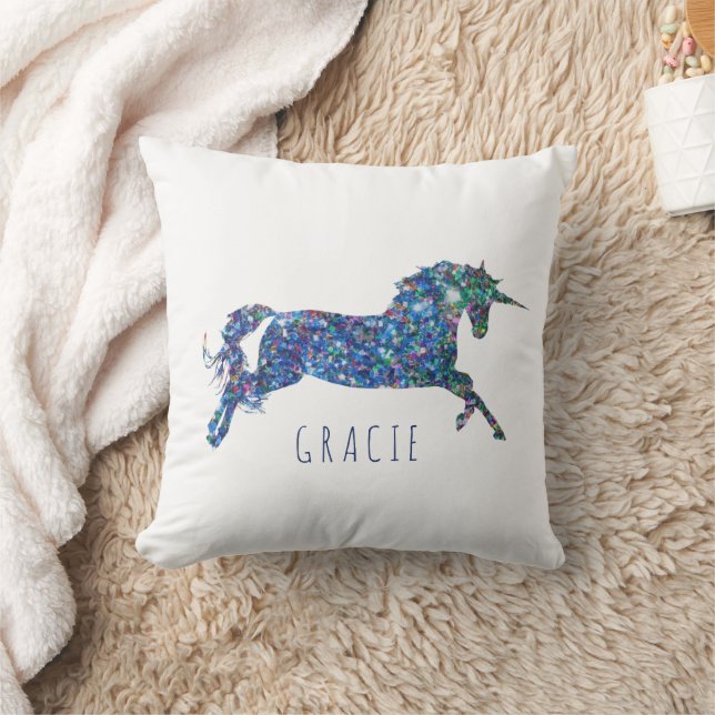 Personalized Glitter Unicorn Girl's Throw Pillow (Blanket)