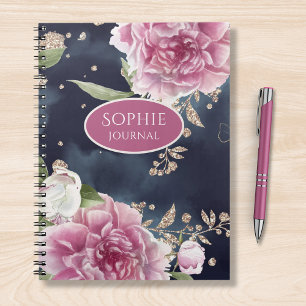 Personalized Glitter Watercolor Pink Floral Girly Notebook
