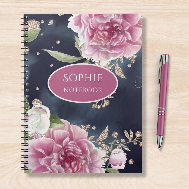 Personalized Glitter Watercolor Pink Floral Girly Notebook (Creator Uploaded)