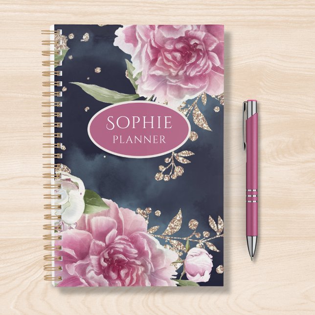 Personalized Glitter Watercolor Pink Floral Girly Planner (Creator Uploaded)