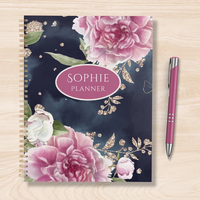 Personalized Glitter Watercolor Pink Floral Girly Planner (Creator Uploaded)