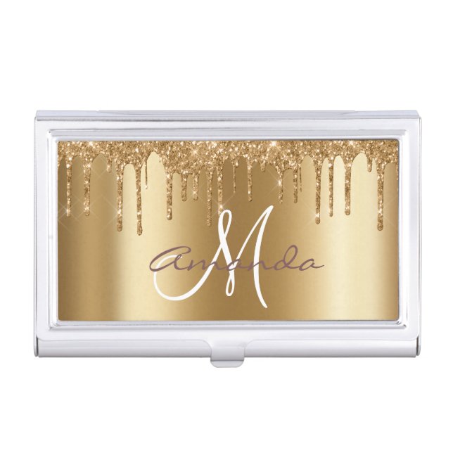 Personalized Glitter Yellow Gold Trendy Monogram Business Card Case (Front)