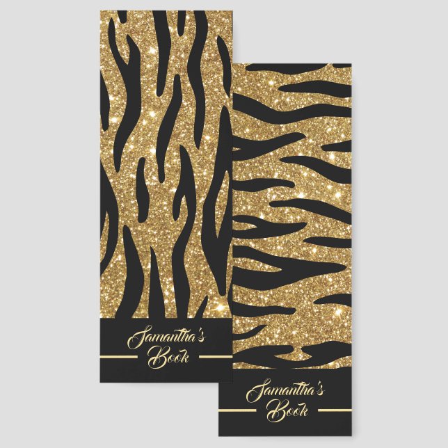 Personalized Glittery Black and Gold Zebra Pattern Bookmarks (Front & Back)