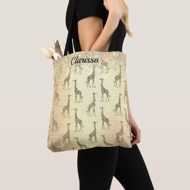 Personalized Glittery Giraffe on Metallic Gold Tote Bag (Close Up)