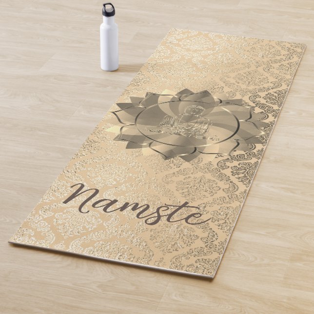 Personalized Glittery Gold Damask Buddha Lotus Yoga Mat (In Situ)