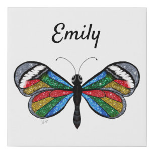 Personalized Glittery Rainbow Butterfly Faux Canvas Print