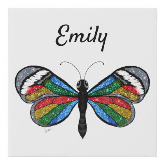 Personalized Glittery Rainbow Butterfly Faux Canvas Print