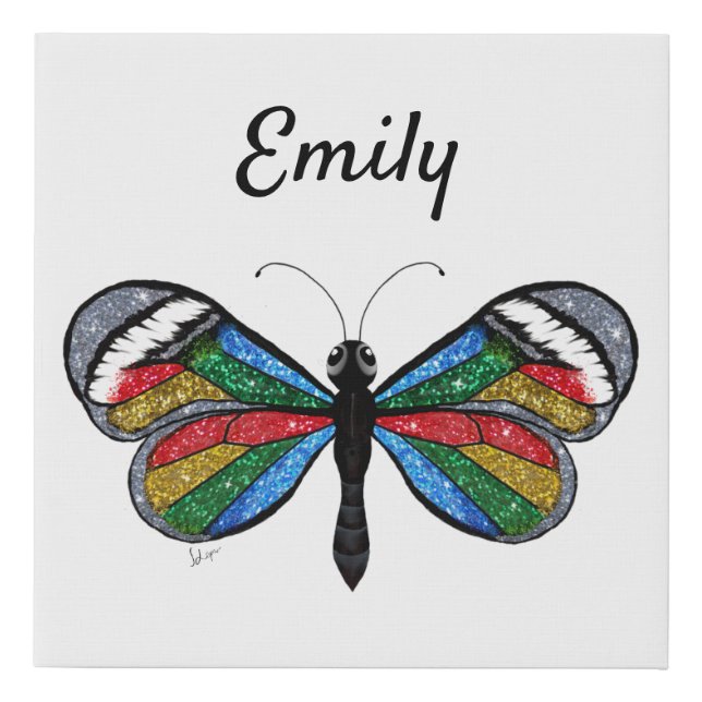 Personalized Glittery Rainbow Butterfly Faux Canvas Print (Front)