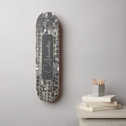 Personalized Glittery Silver Stringed Beads      Skateboard