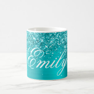 Personalized Glittery Turquoise Blue Foil Coffee Mug