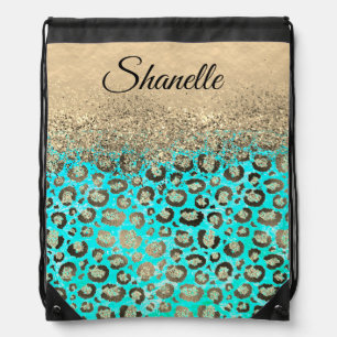 Personalized Glittery Turquoise Leopard Drawstring Bag