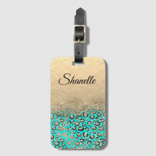 Personalized Glittery Turquoise Leopard      Luggage Tag