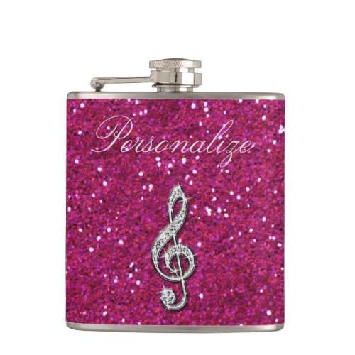 Personalized Glitzy Sparkly Diamond Music Note Hip Flask
