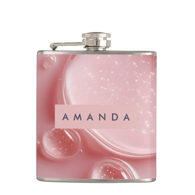 Personalized Glossy Blush Pink Water Droplets  Flask (Front)