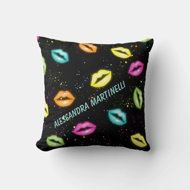 Personalized Glowing Neon Lips Pillow on Black (Front)
