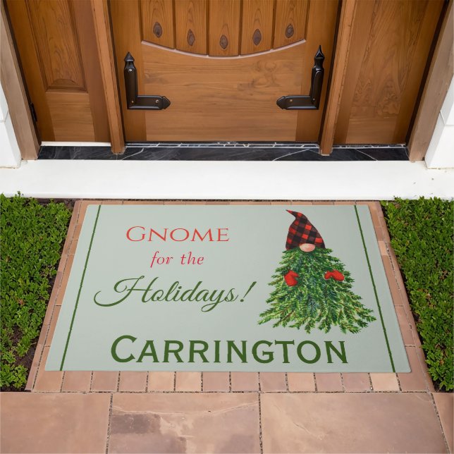 Personalized Gnome Christmas Tree Buffalo Check  Doormat (Outdoor)