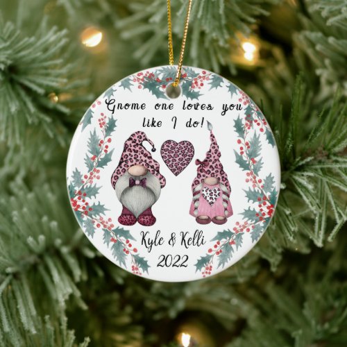 Personalized Gnome Couple Christmas Ceramic Ornament
