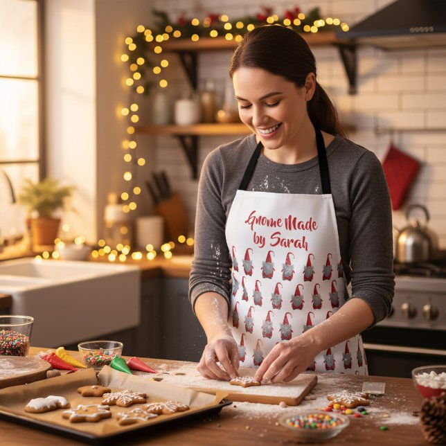 Personalized Gnome Made Christmas Holiday Apron (Bake delicious holiday cookies with your custom gnome apron. Add your name!)