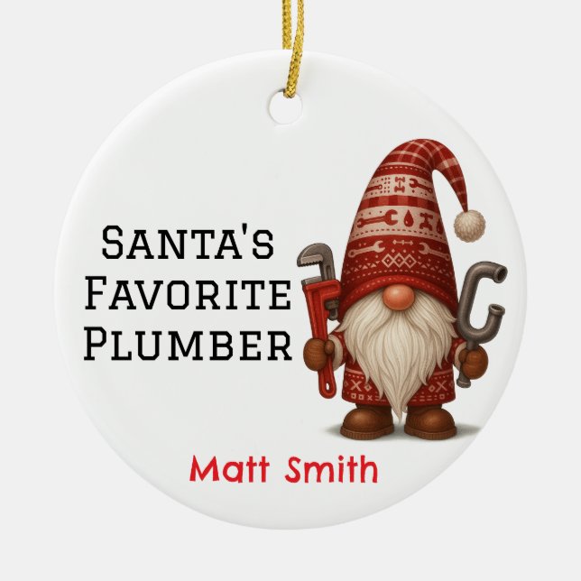 Personalized Gnome Plumber/Handyman Christmas Ceramic Ornament (Front)