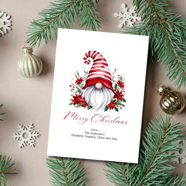 Personalized Gnome Poinsettia Red White Christmas Holiday Card (Gnome with Poinsettia Christmas Card. Personalized. Digital or Printed)