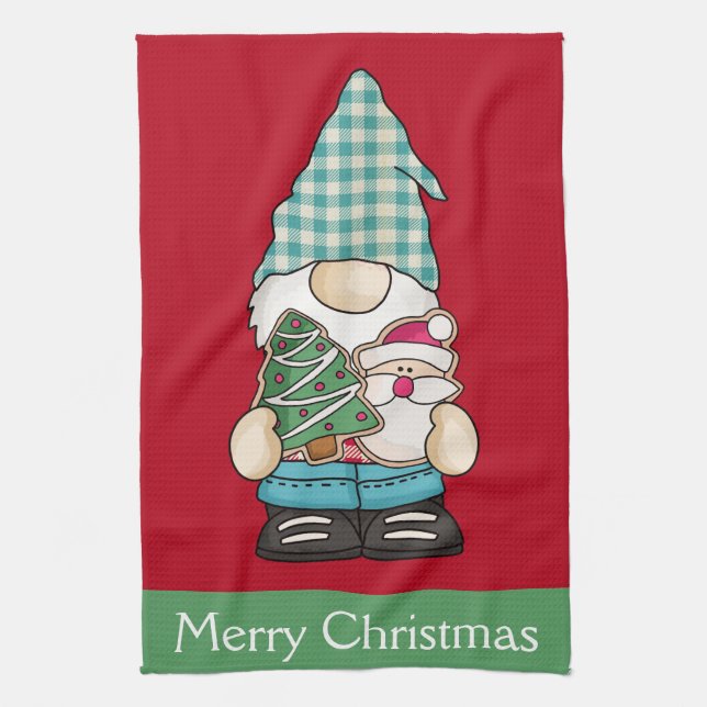 Personalized Gnome Red Green Christmas Holiday  Kitchen Towel (Vertical)