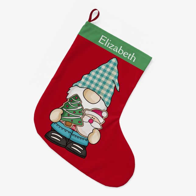 Personalized Gnome Red Green Christmas Holiday Large Christmas Stocking (Front (Hanging))