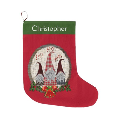 Personalized Gnome Red Green Holly Bells Cute Large Christmas Stocking