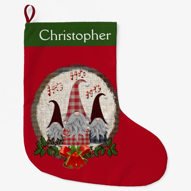 Personalized Gnome Red Green Holly Bells Cute Large Christmas Stocking (Front)