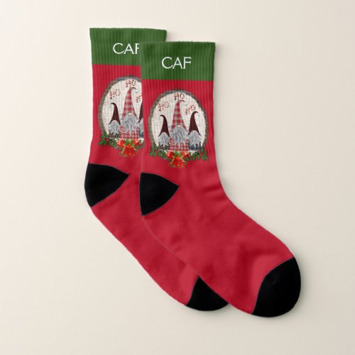 Personalized Gnome Red Green Holly Christmas Socks