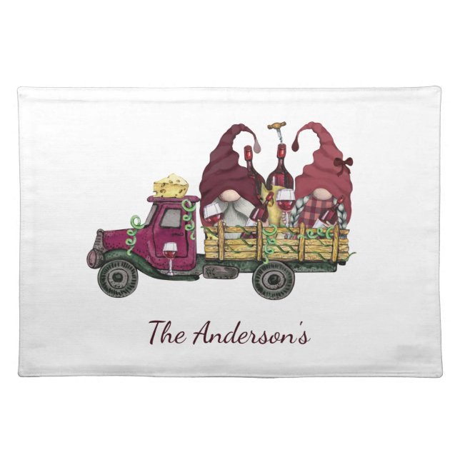 Personalized Gnomes in Wine Truck Whimsical Trendy Cloth Placemat (Front)