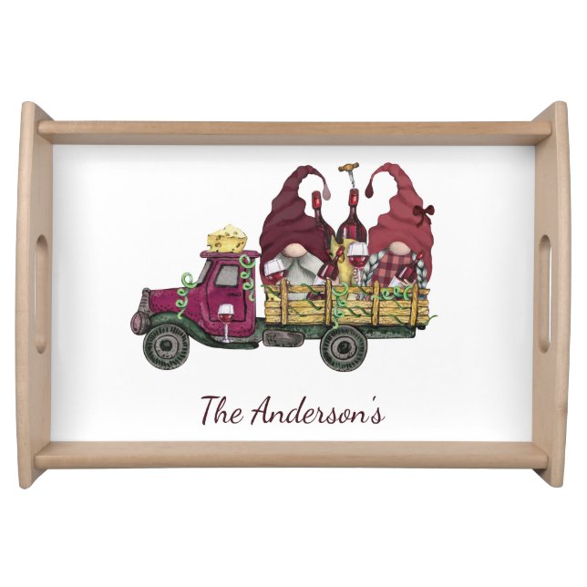 Personalized Gnomes in Wine Truck Whimsical Trendy Serving Tray (Front)